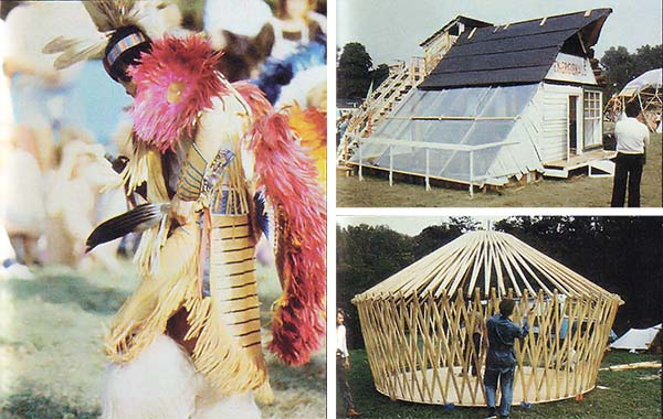 LEFT: A performer/participant in one of several cultural programs from around the globe. TOP RIGHT: An alternative energy display emphasizing passive solar applications. BOTTOM RIGHT: Construction of a yurt, one of many low-cost shelters at the Oko-Dorf village.